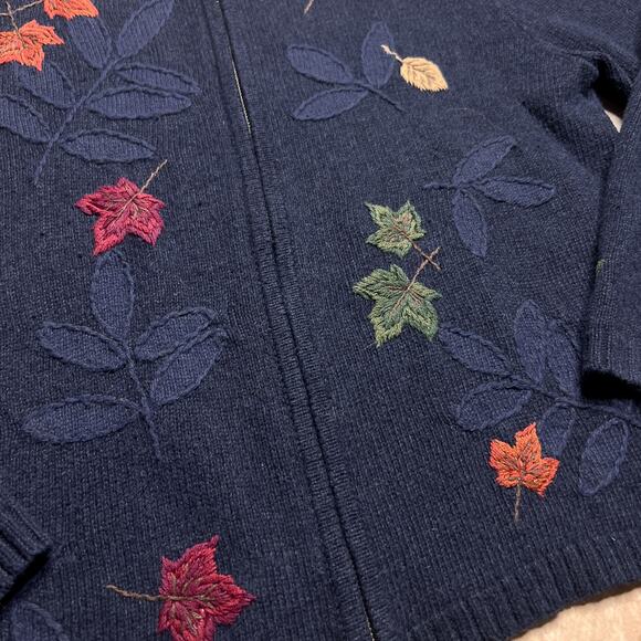 Vintage Y2K Croft & Barrow Embroidered Fall Leaves Zip Up Sweater Blue Autumn - Picture 2 of 7